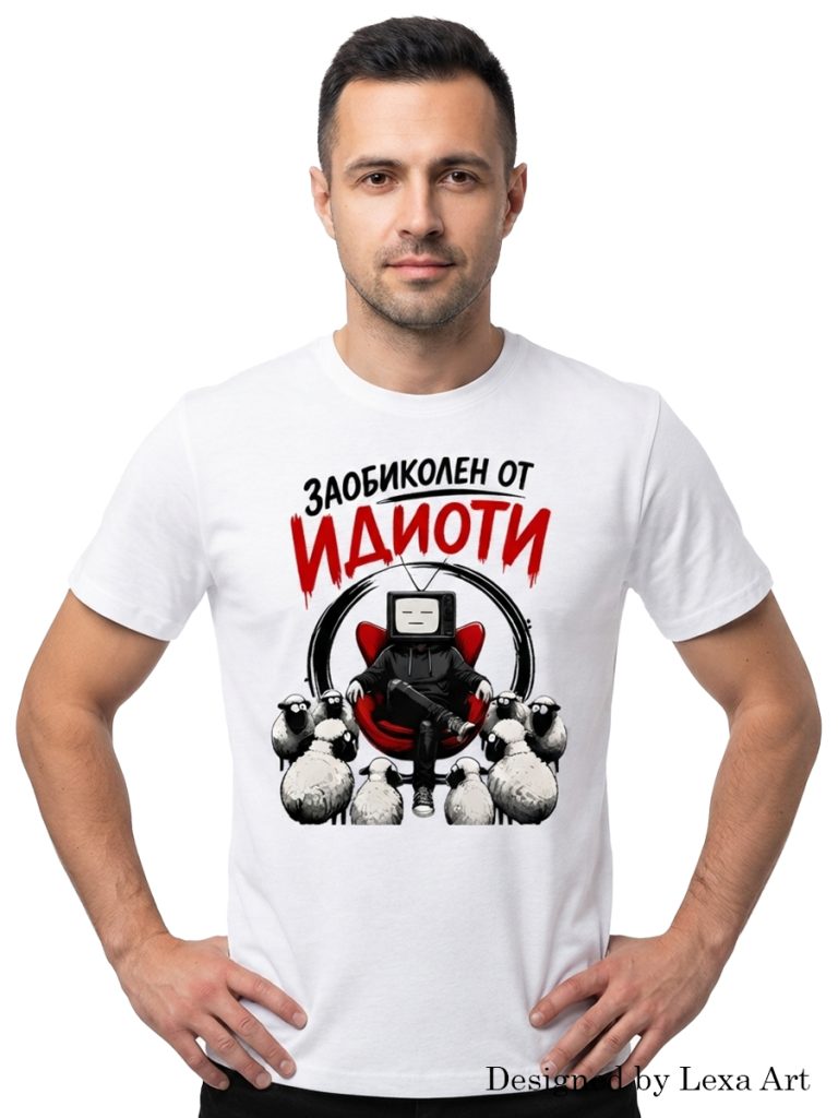 Начало Оригинална мъжка тениска със забавен надпис „Заобиколен от идиоти“