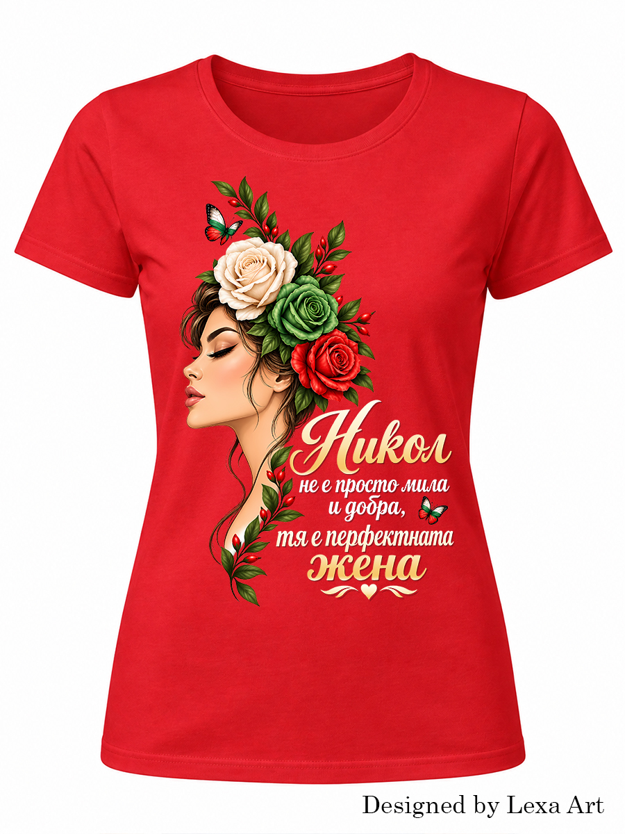 Дамска червена тениска "Никол не е просто мила и добра, тя е перфектната жена" | Подарък за Никол